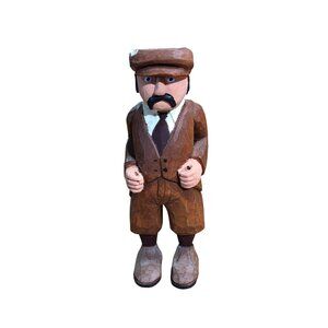Hand-Carved Wooden Man Folk Art Gentleman Figurine Hat Suit Vintage Handmade